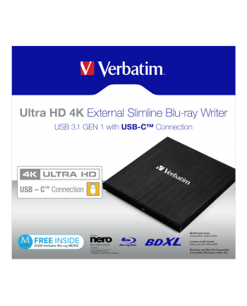 Verbatim Ultra HD 4K External Slimline Blu-ray Writer USB 3.1 with USB-C to A