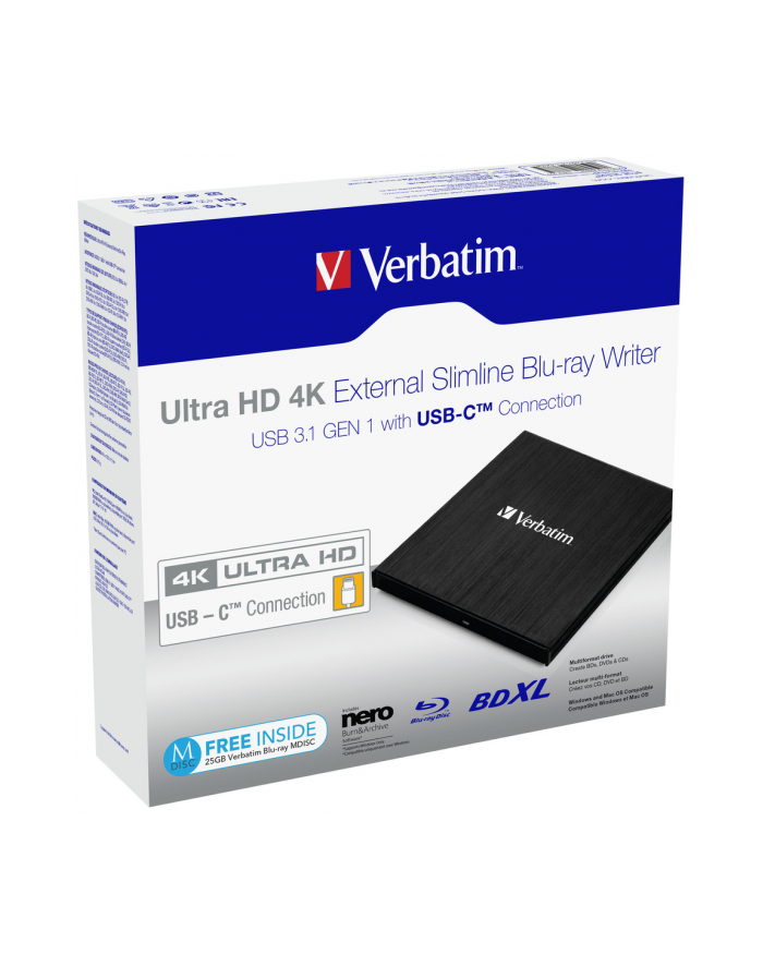 Verbatim Ultra HD 4K External Slimline Blu-ray Writer USB 3.1 with USB-C to A główny