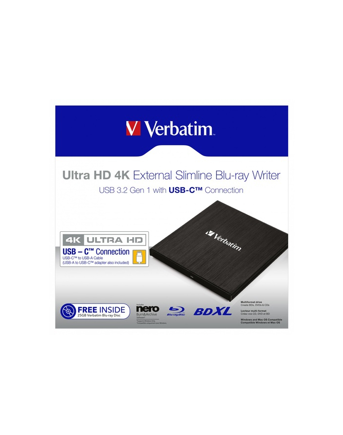 Verbatim Ultra HD 4K External Slimline Bluray Writer USB 3.1 with USB