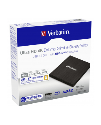 Verbatim Ultra HD 4K External Slimline Blu-ray Writer USB 3.1 with USB-C to A