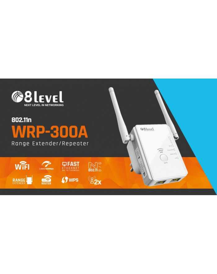 8level WRP-300A WiFi Repeater  300Mbps 802.11n, 1xWAN/LAN, 1xLAN, 2xantena główny