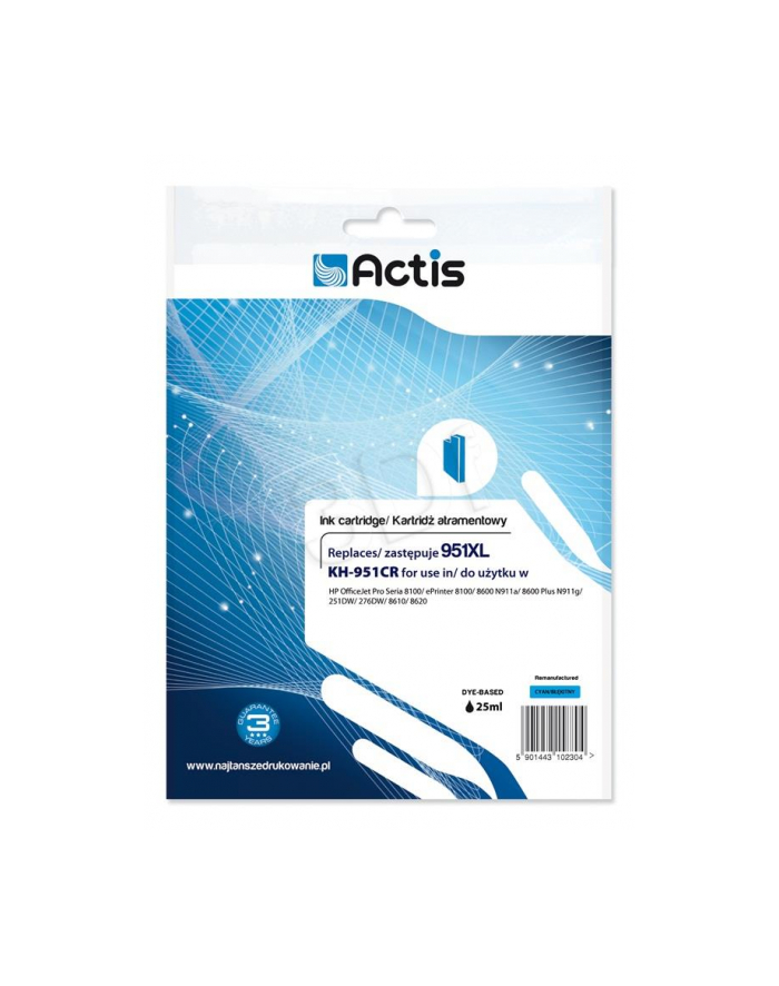 Tusz ACTIS KH-951CR (zamiennik HP 951XL CN046AE; Standard; 25 ml; niebieski) główny