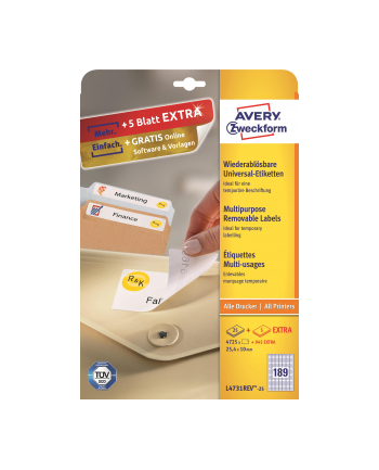 ETYKIETY UNIWERSALNE AVERY ZWECKFORM A4  25 ARK./OP.  63 5 X 29 6 MM  BIAŁE  USUWALNE L4731REV-25
