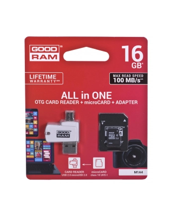 Karty pamięci z adapterem i czytnikiem kart GoodRam All in one M1A4-0160R12 (16GB; Class 10; Adapter Czytnik kart MicroSDHC Karta pamięci)