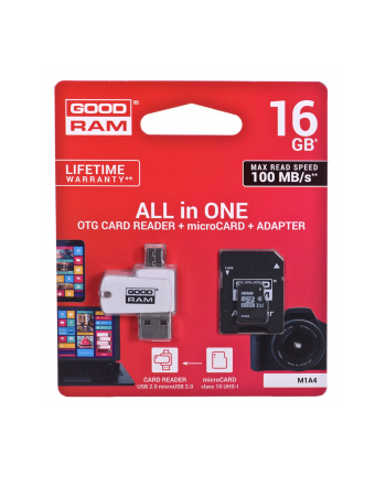 Karty pamięci z adapterem i czytnikiem kart GoodRam All in one M1A4-0160R12 (16GB; Class 10; Adapter  Czytnik kart MicroSDHC  Karta pamięci)