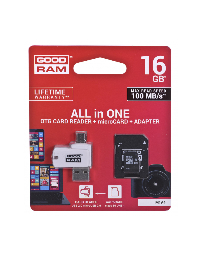 Karty pamięci z adapterem i czytnikiem kart GoodRam All in one M1A4-0160R12 (16GB; Class 10; Adapter  Czytnik kart MicroSDHC  Karta pamięci) główny