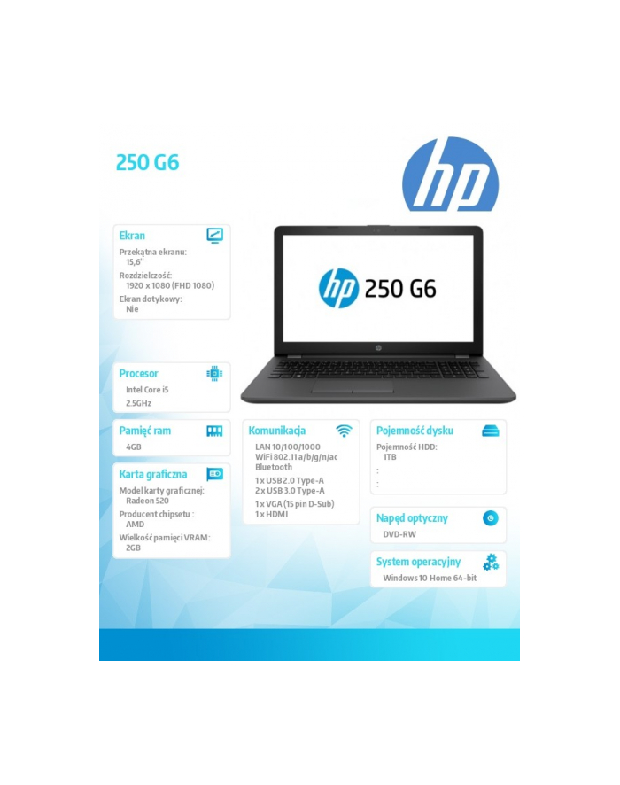 hp inc. Notebook 250 G6 i5-7200U W10H 1TB/4GB/DVD/15,6 2XY71ES główny