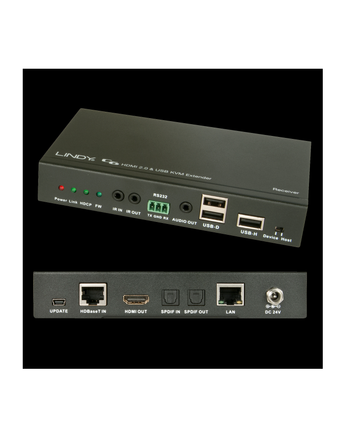 LINDY C6 HDMI 4K 2.0 & USB2.0 KVM Extender 100.0mwith HDBaseT 2.0 technology - Video / Audio / Infrared / USB / Serial / Network Extender - HDBaseT 2.0 - up to 100m (38209) główny