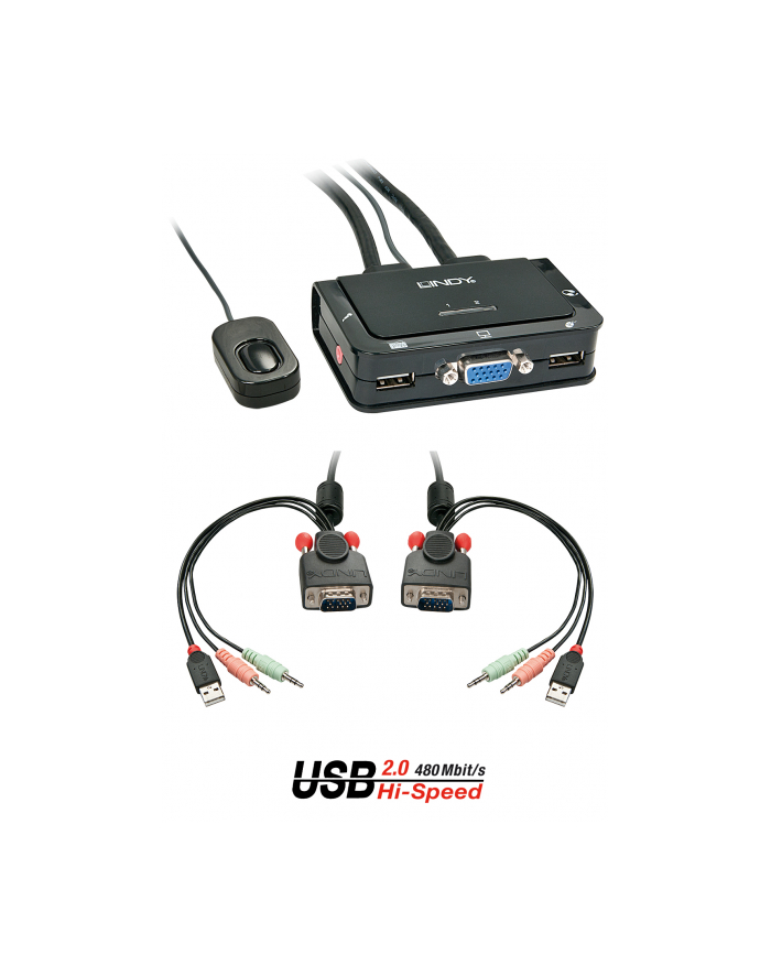 Lindy VGA KVM Switch Compact USB 2.0 Audio 2 Port - KVM / Audio / USB Switch - USB - 2 x KVM / Audio / USB - 1 Local User - Desktop (42342) główny