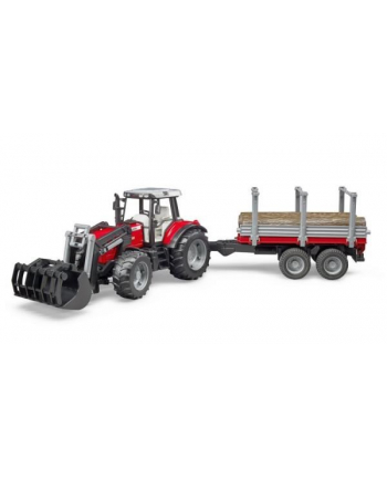 Traktor Massey Ferguson 7480 zładowaczem czołowym i przyczepą do drzewa BRUDER