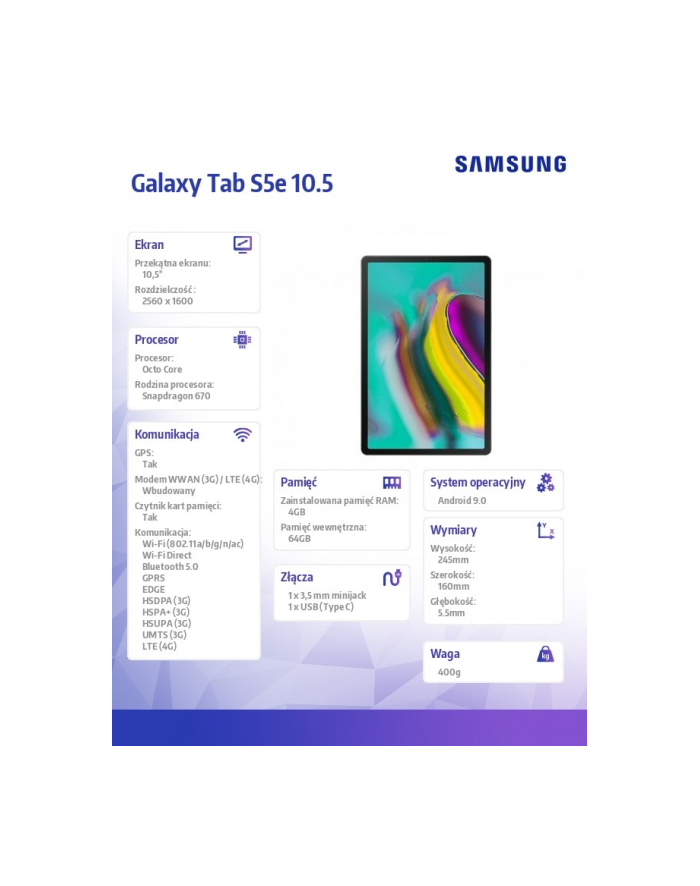 samsung Tablet Galaxy TAB S5e 10.5 T725 LTE 64GB Srebrny główny