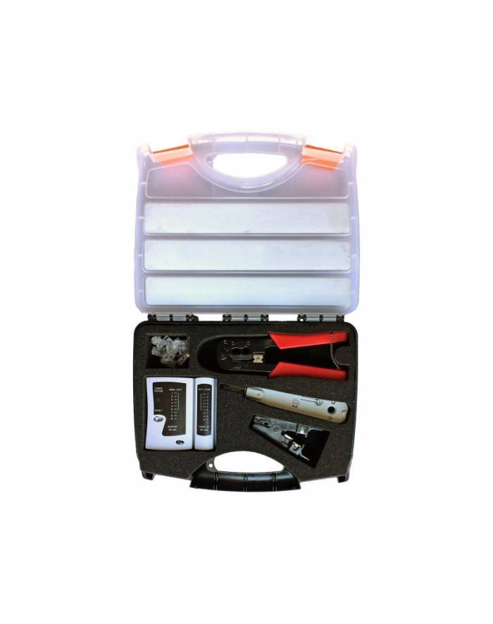 Zestaw narzędzi instalatorskich w walizce (tester, nóż LSA, zaciskarka, stripper, wtyki RJ45) główny
