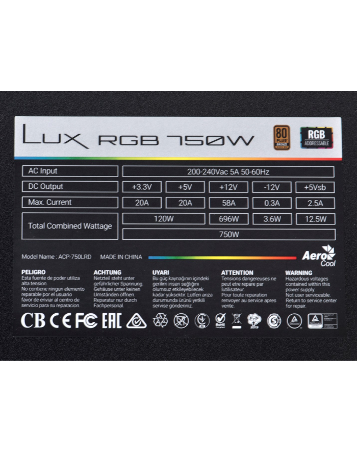 AEROCOOL LUX 750W RGB Zasilacz ATX 80 PLUS BRONZE główny