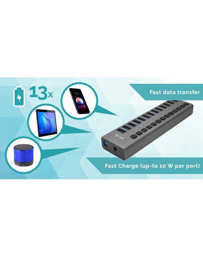 i-tec Hub USB3.0 z ładowaniem, 13 portów, zasilacz 60W główny